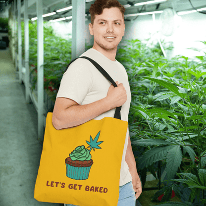 A person with a Let's Get Baked Cannabis Yellow Tote Bag