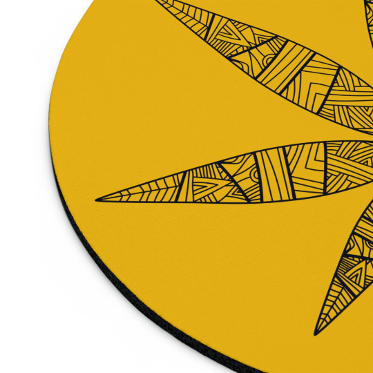 Round Tribal Weed Leaf yellow mouse pad with black edges, featuring three cannabis-designed leaves in a circular arrangement, made from non-slip neoprene.