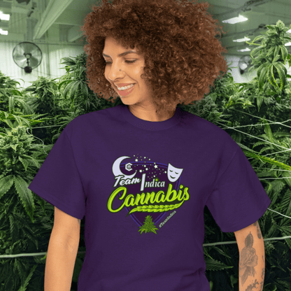 Wearing a purpleTeam Indica Cannabis Shirt