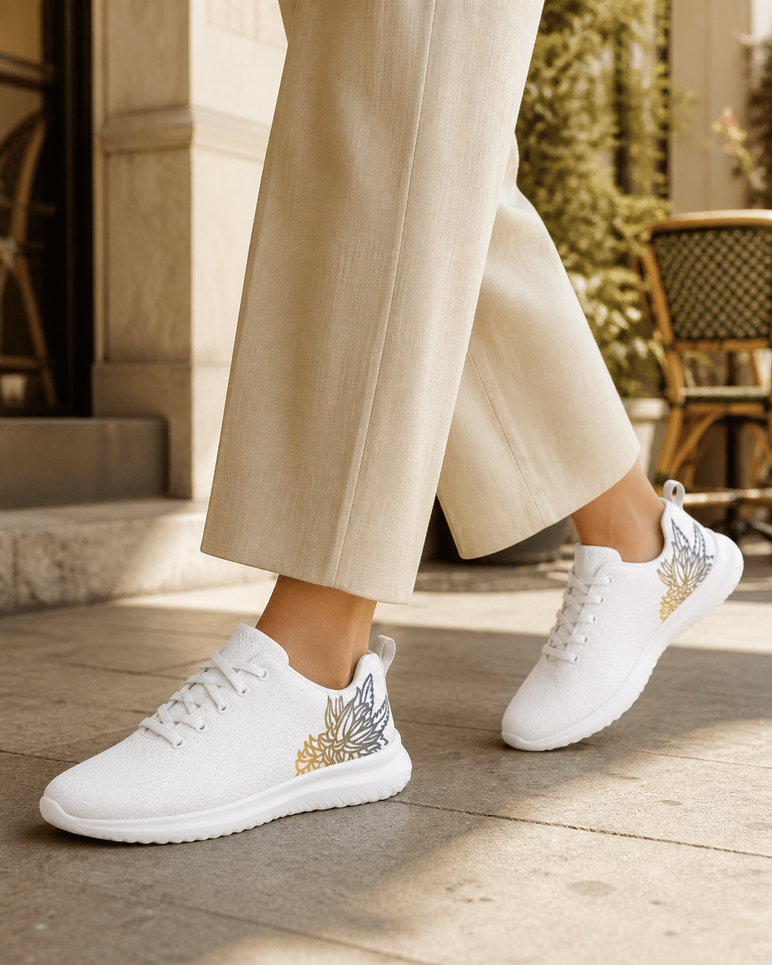 Golden Goat cannabis women's athletic shoes worn with neutral trousers on a sunlit terrace