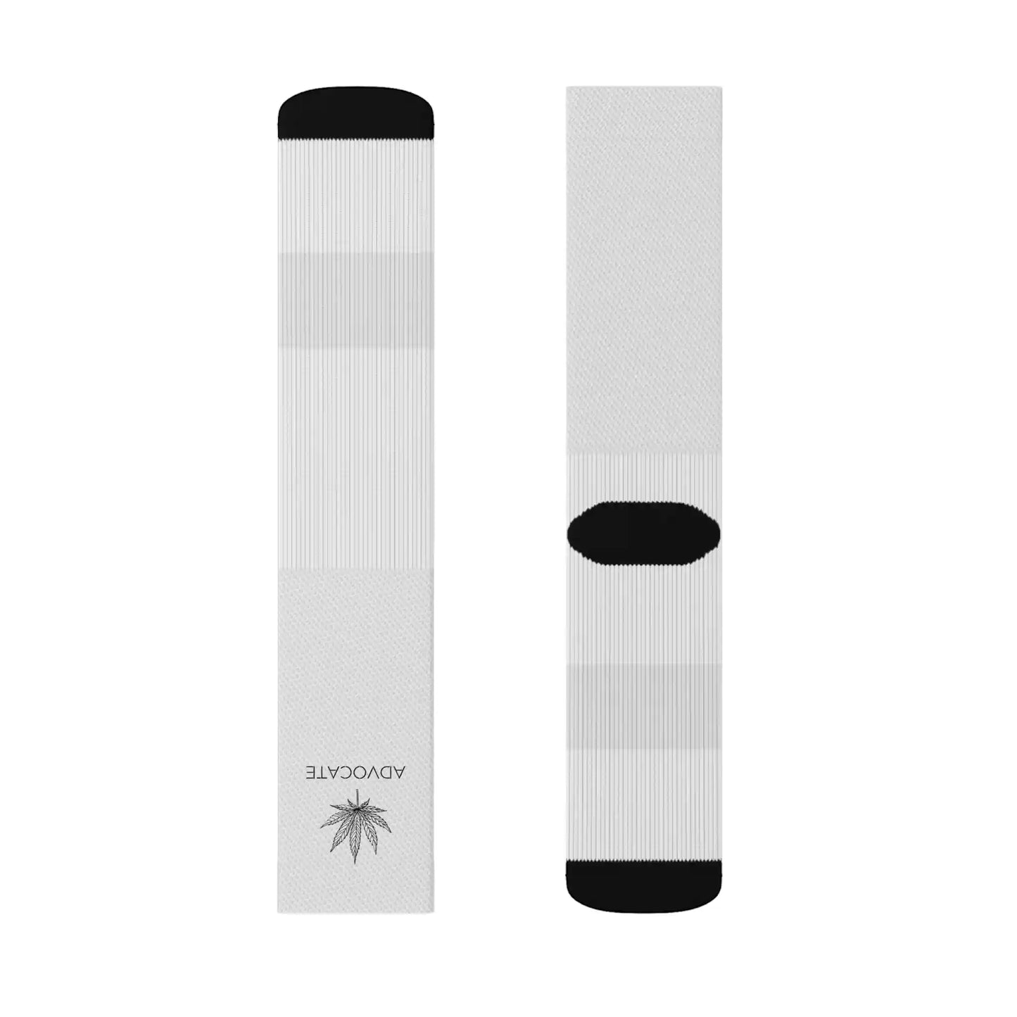 a pair of black and white Marijuana Socks that show a weed leaf on the top front of the sock with a word below it that reads "advocate"