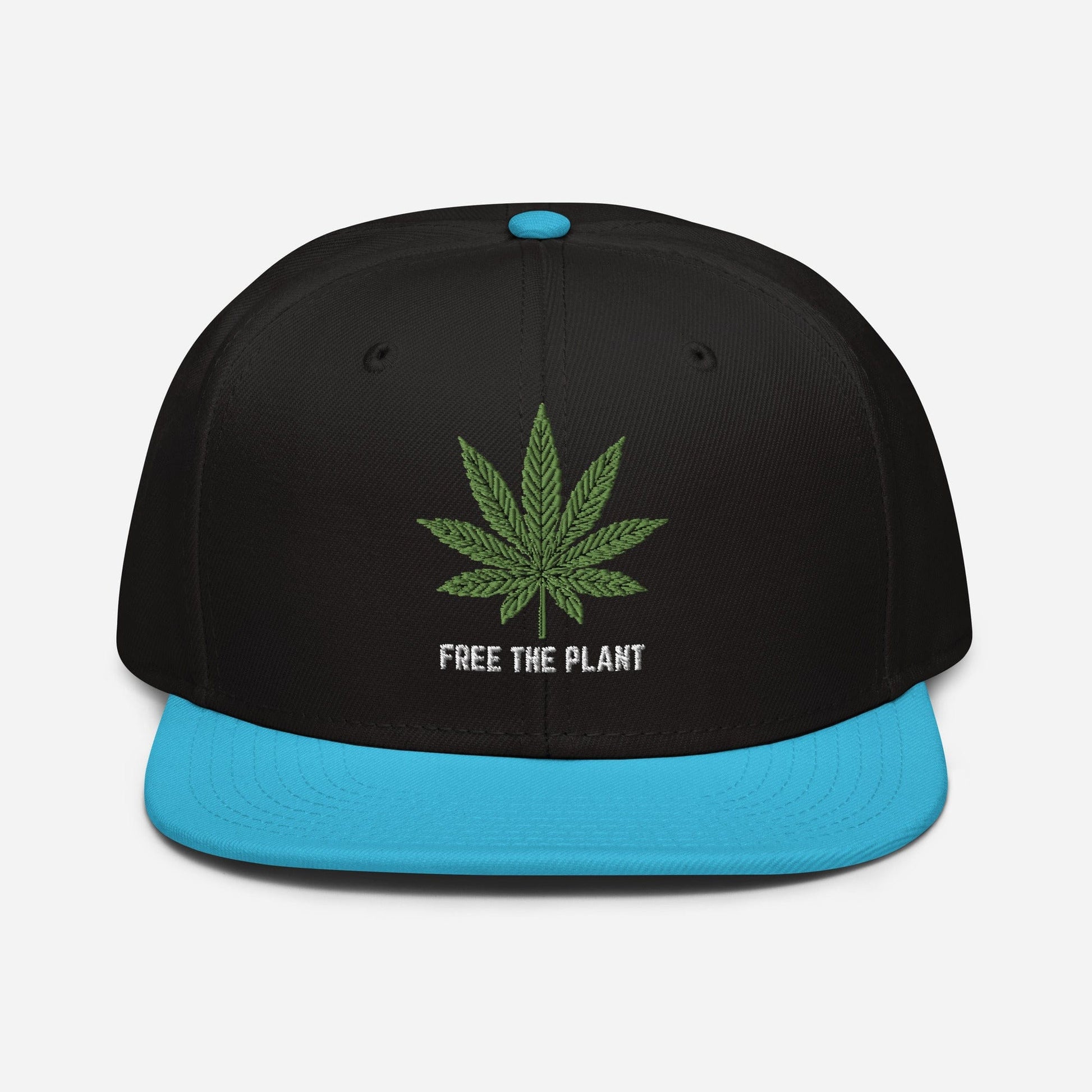 Aqua Blue and Black Front Free The Plant Snapback Hat