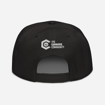 Golden Goat Cannabis Snapback Hat with "the cannabis community" logo embroidered in white and grey, viewed from the back.