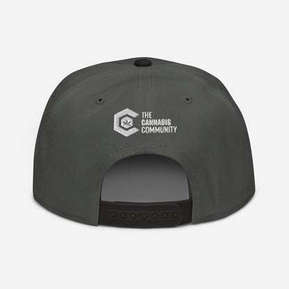 Rear view of a Golden Goat Cannabis Snapback Hat with a "the cannabis community" logo embroidered in white.