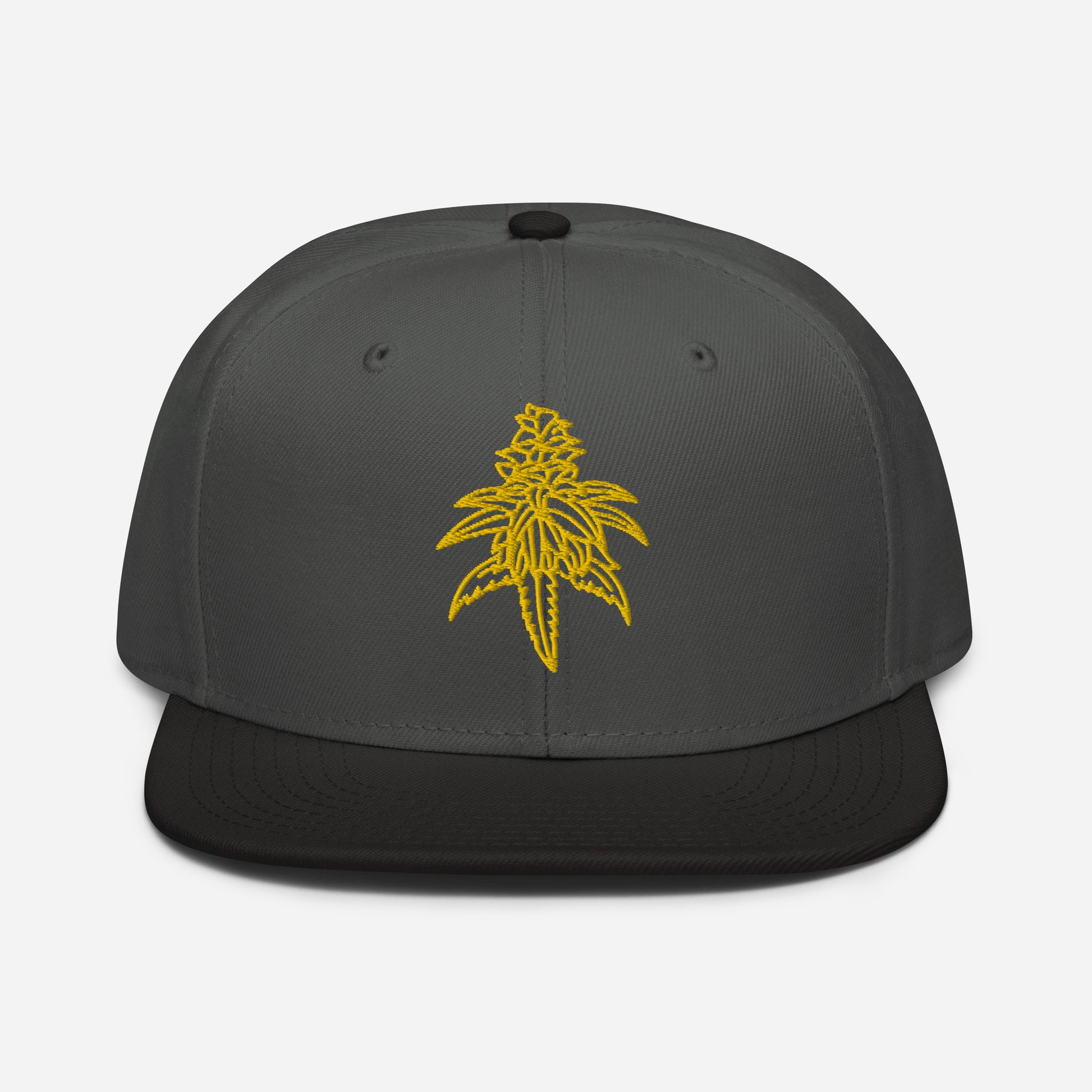 A gray Golden Goat Cannabis Snapback Hat with a high-profile and a yellow cannabis leaf embroidered on the front.