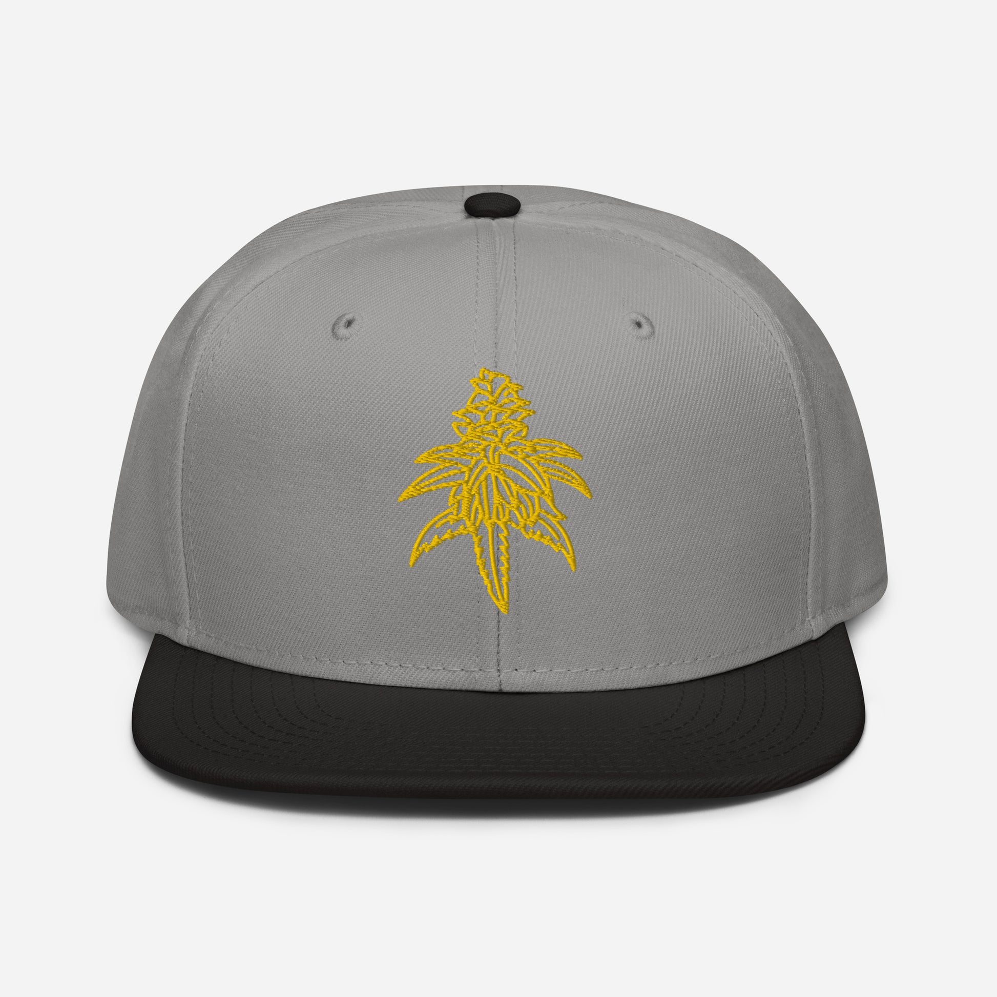 Golden Goat Cannabis high-profile snapback hat with a yellow embroidered design on the front.