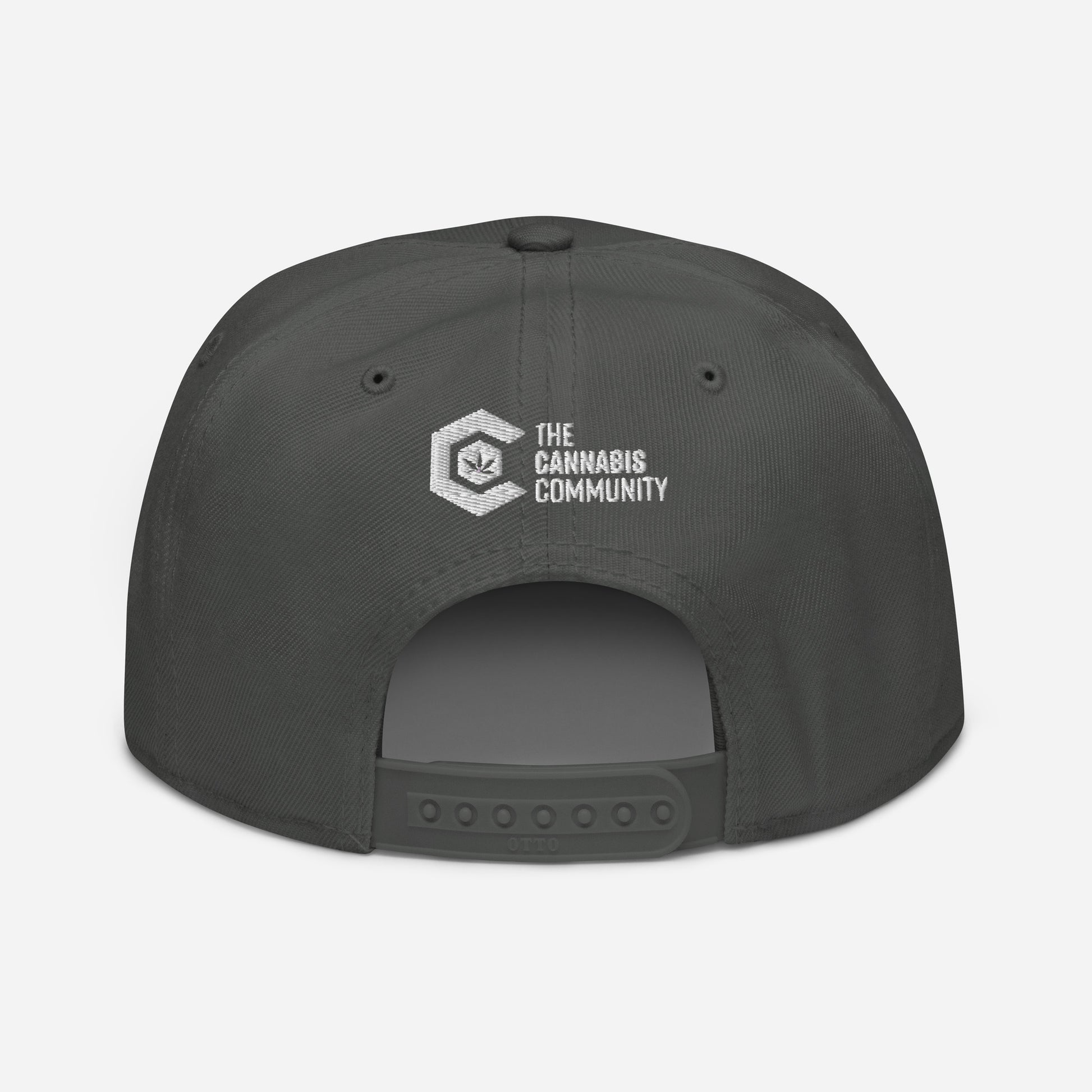 Golden Goat Cannabis Snapback Hat with "the cannabis community" logo embroidered in white on the front, adjustable snapback closure visible.