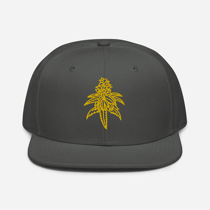 Golden Goat Cannabis Snapback Hat with a yellow embroidered leaf design on the front.