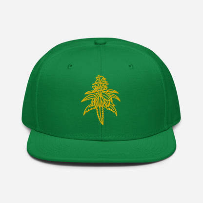 Golden Goat Cannabis Snapback Hat featuring a yellow embroidery design of a cannabis leaf on the front.