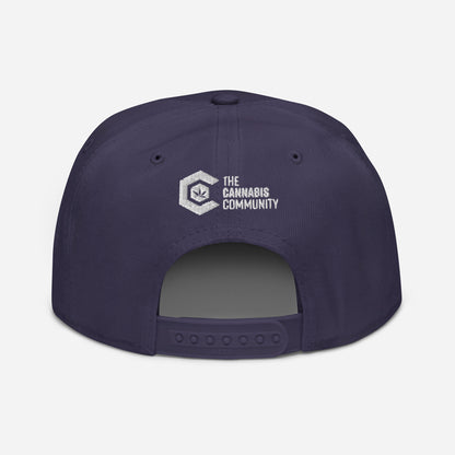 Golden Goat Cannabis Snapback Hat with the logo "the cannabis community" embroidered in white on the back.