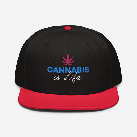 Black and red structured Cannabis is Life Snapback Hat with a pink cannabis leaf emblem on the front.