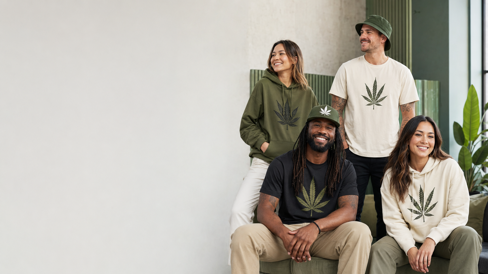 Diverse adults wearing cannabis-themed apparel together in a bright, welcoming space