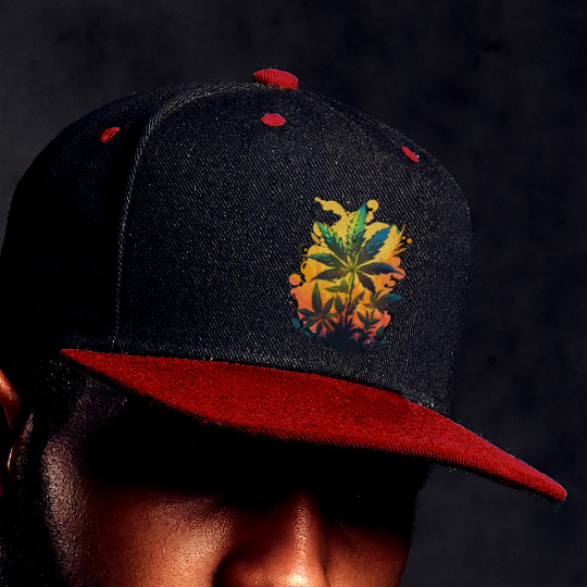 close up of a young man wearing a red and black snapback hat with the warm cannabis paradise logo which consists of weed leaves on a yellow and orange background
