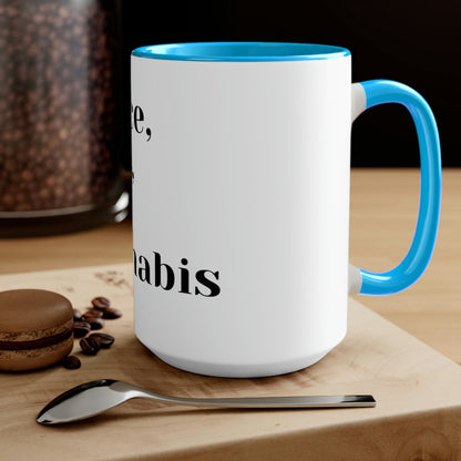 a Peace, Love and Cannabis Mug with a spoon and coffee beans on it.