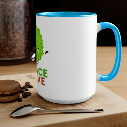 A Cannabis, Peace and Love Coffee Mug with the words peace love on it.