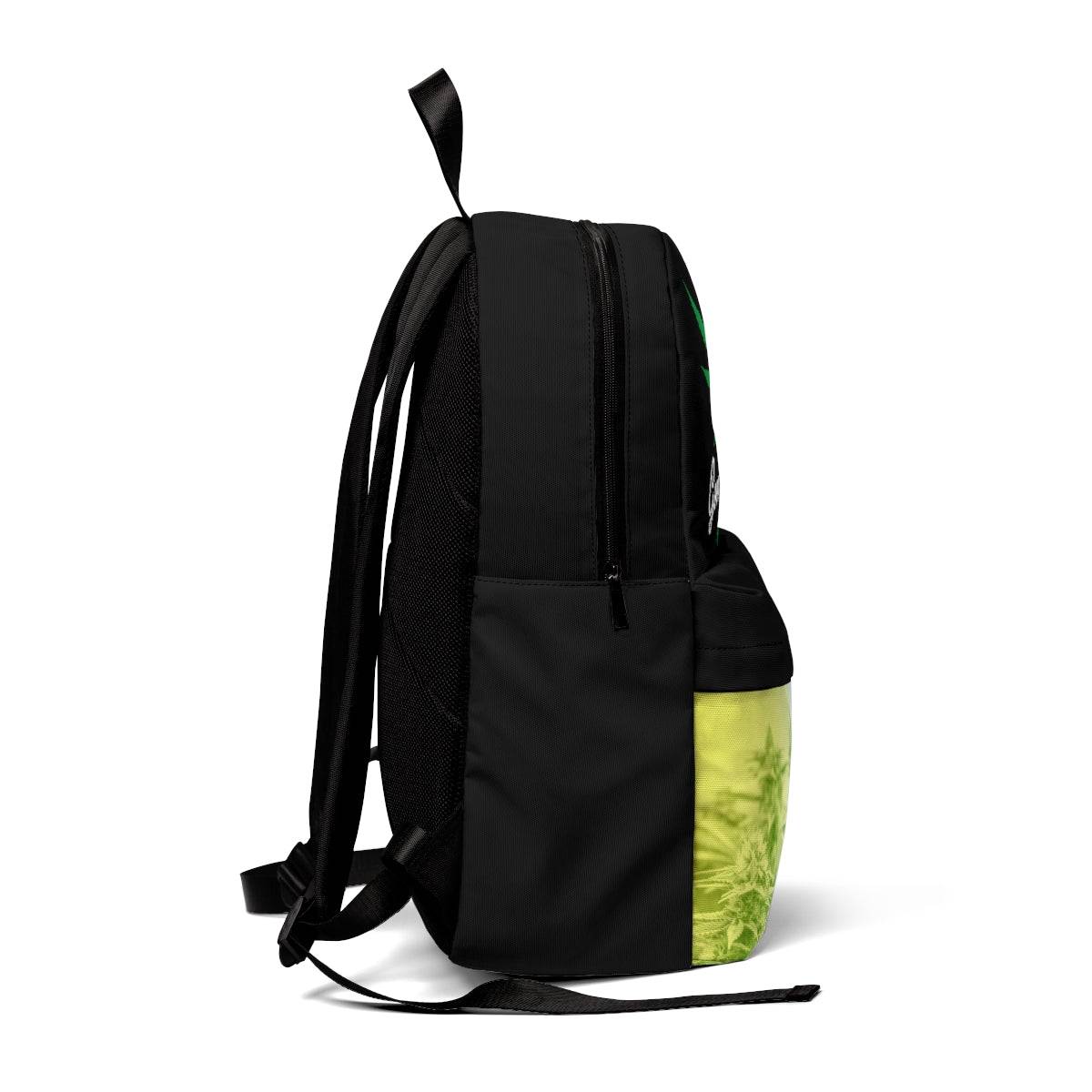 a Good Vibes Only Black Marijuana Backpack with a yellow and green design.