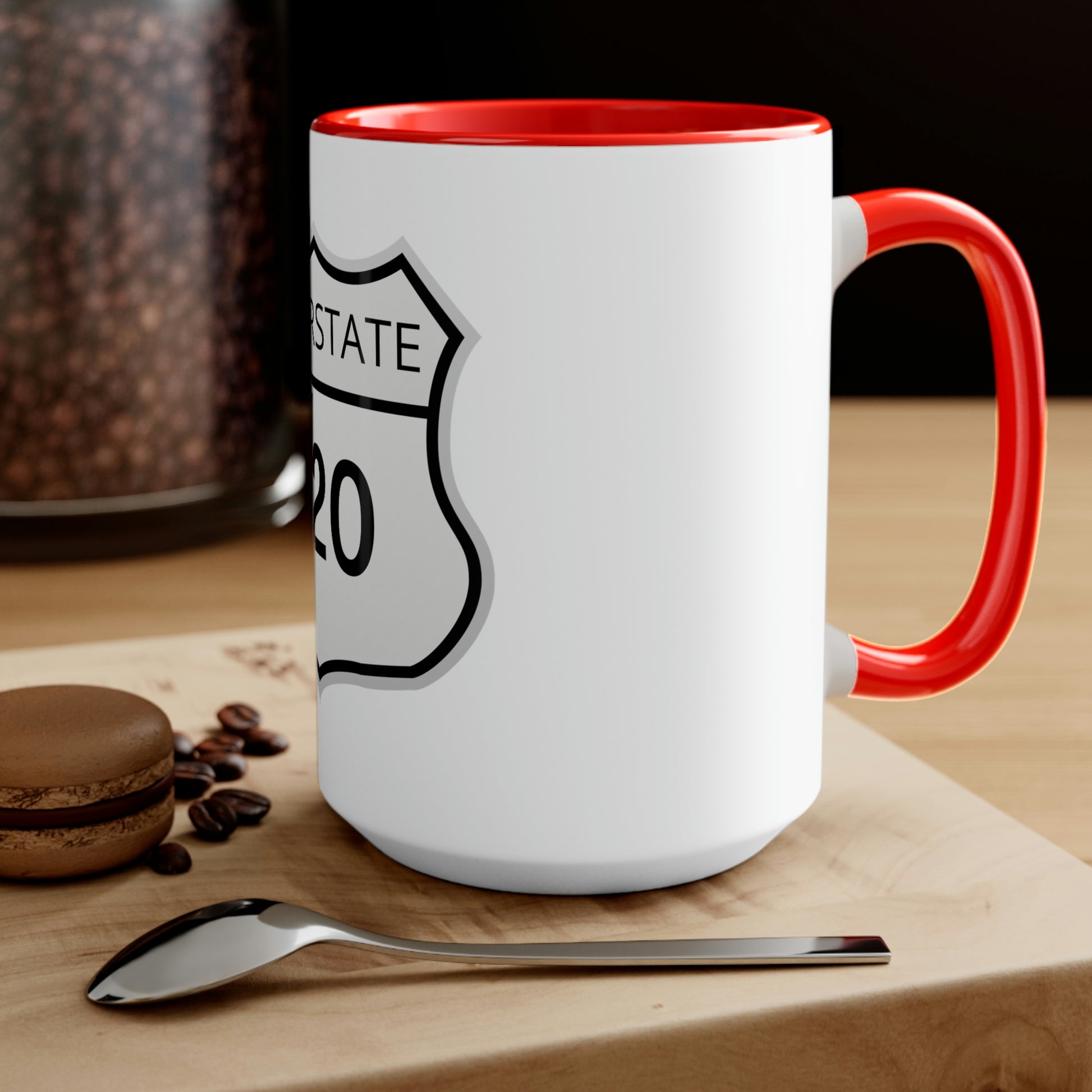 Interstate 420 Two-Tone red and white Coffee Mug on top of a wooden table