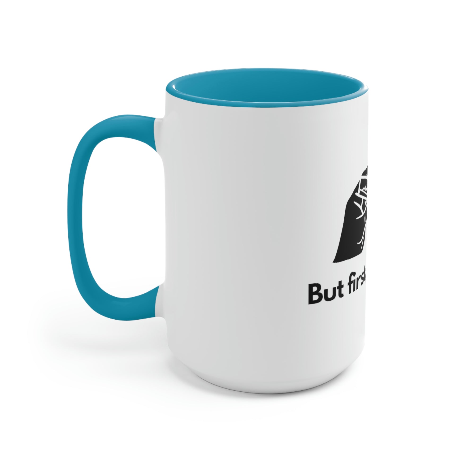 a white But First, Let's Smoke Coffee Mug with a blue handle that says buttfly.