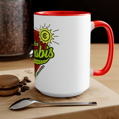 a Team Sativa Cannabis Coffee Mug with a heart on it and a cup of coffee.