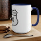 Interstate 420 Two-Tone navy blue and white Coffee Mug on top of a wooden table