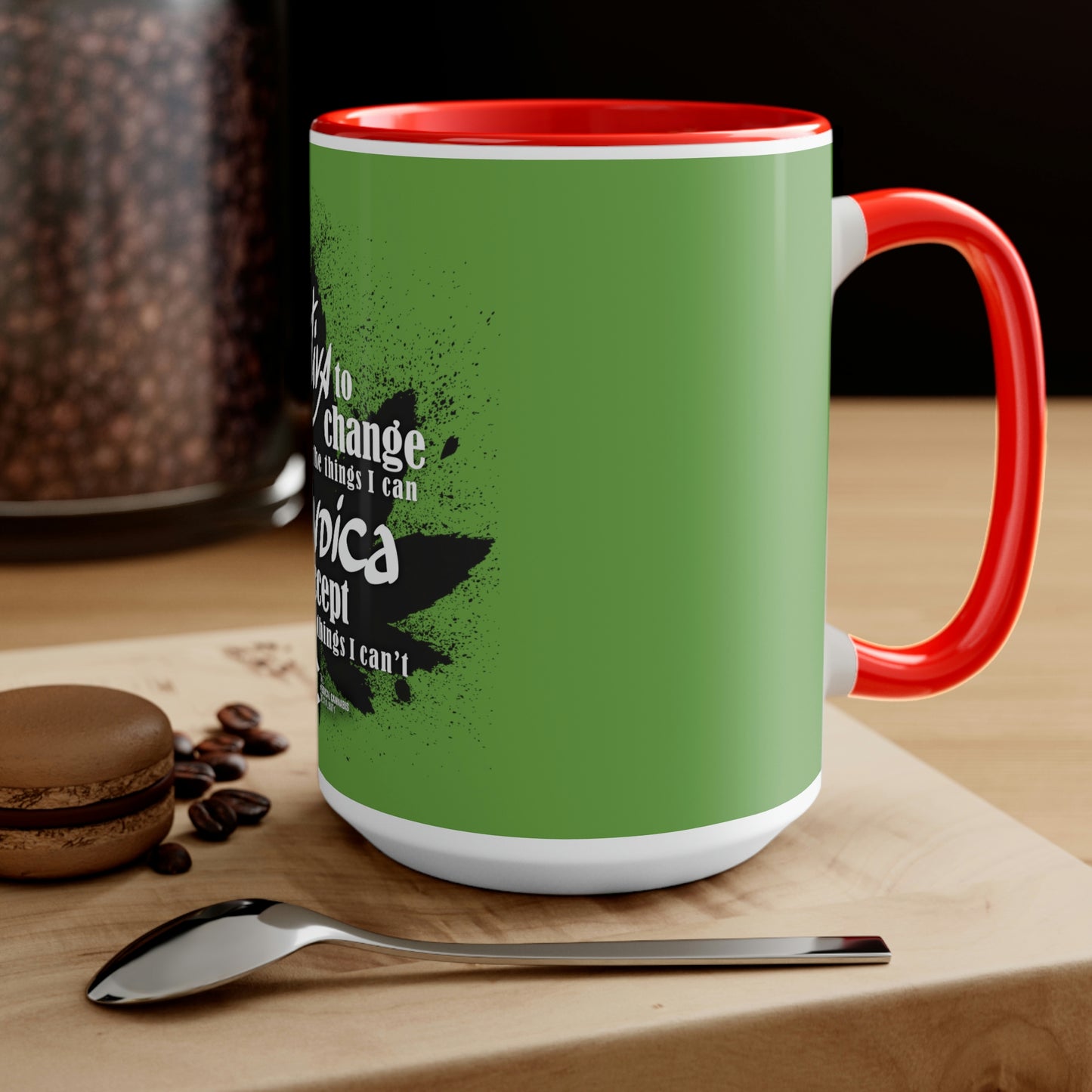 a Sativa to Change the Things I Can Cannabis coffee mug with a spoon on it.
