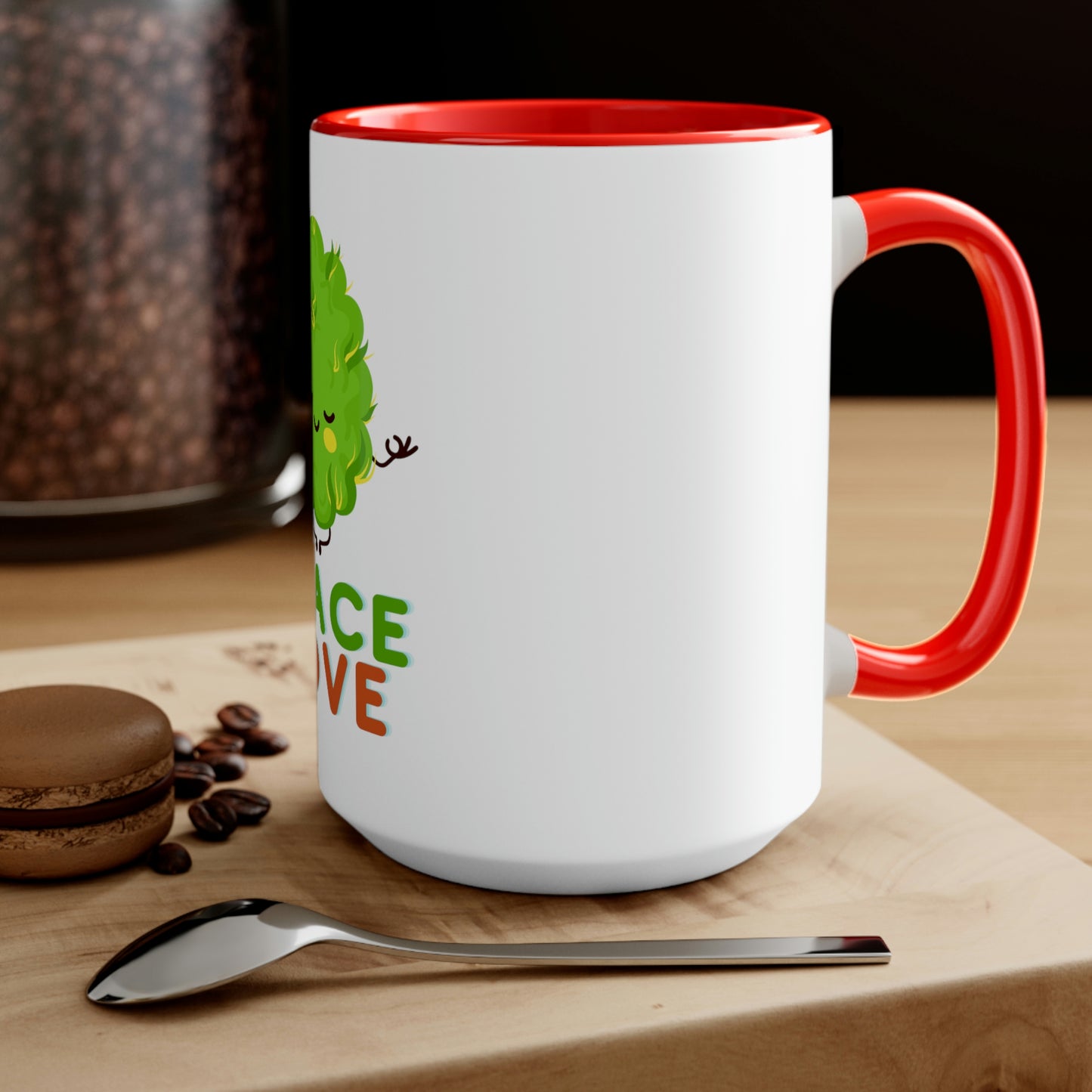 a Cannabis, Peace and Love Coffee Mug with the words peace love on it.