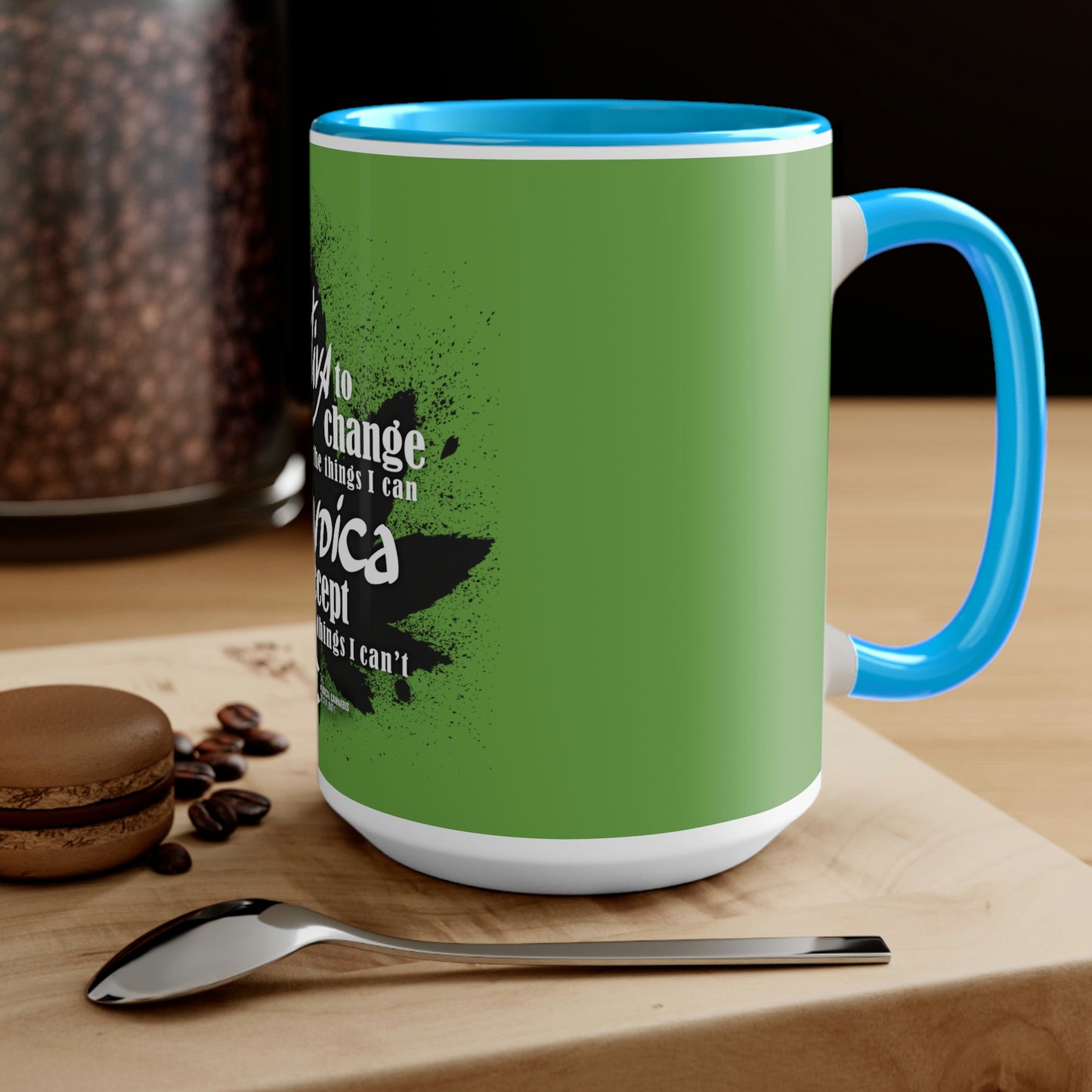 a Sativa to Change the Things I Can Cannabis coffee mug with coffee beans and a spoon.