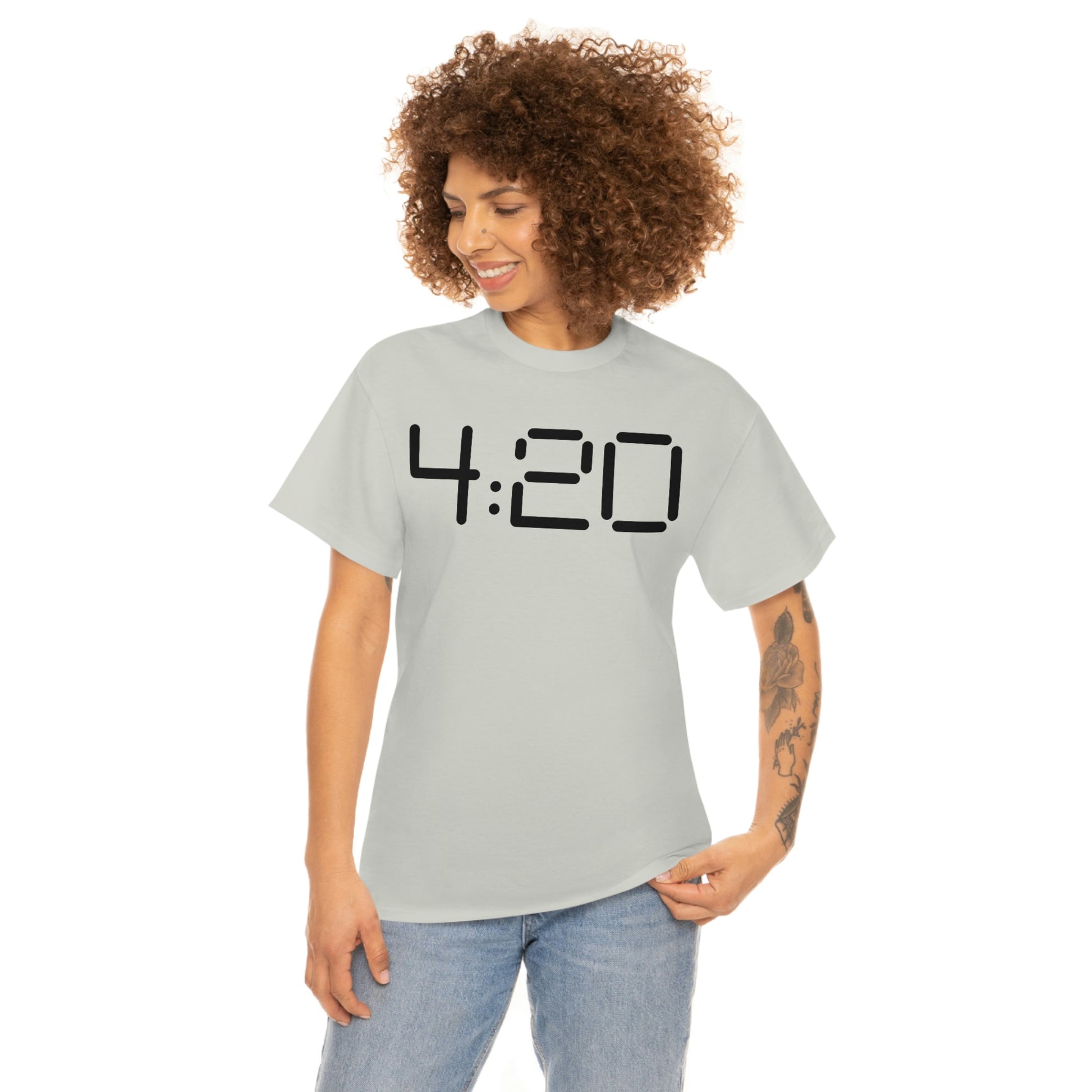 a woman wearing a 420 Stoner Weed T-Shirt.