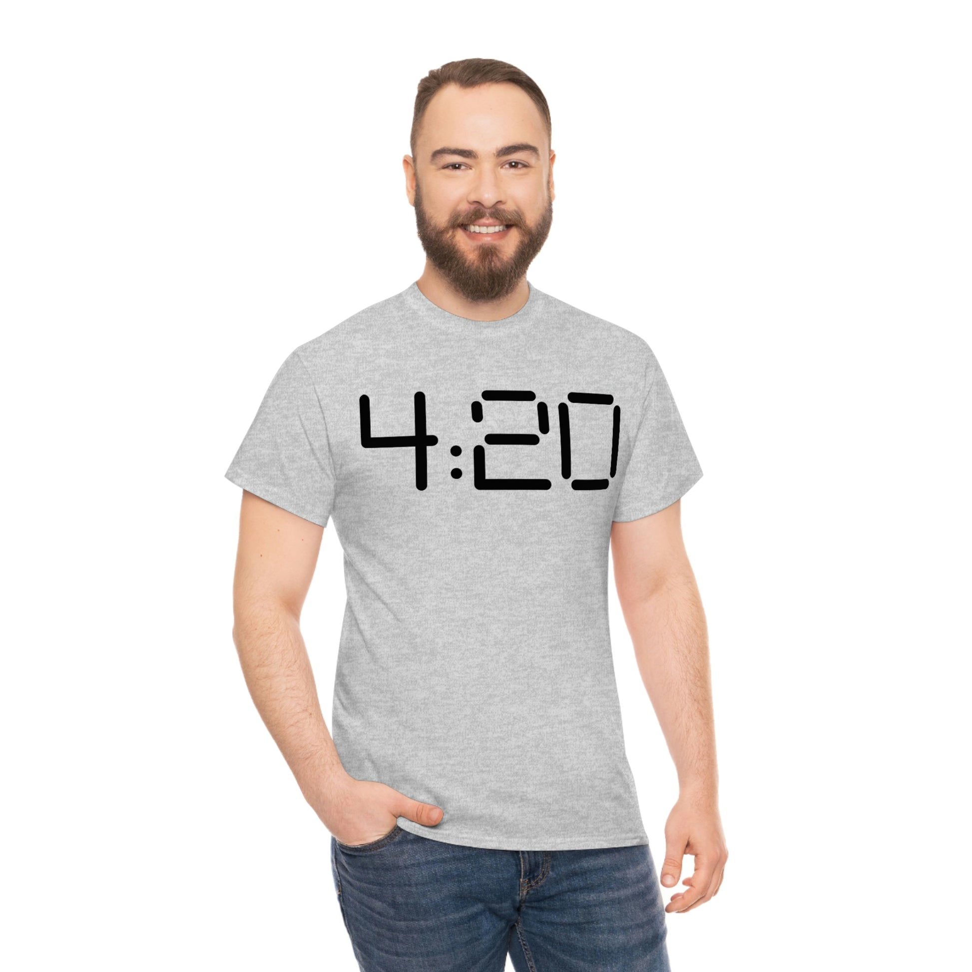a man wearing a grey 420 Stoner Weed T-Shirt with the word 420 on it.