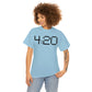 a woman wearing a 420 Stoner Weed T-Shirt with the word 420 on it.