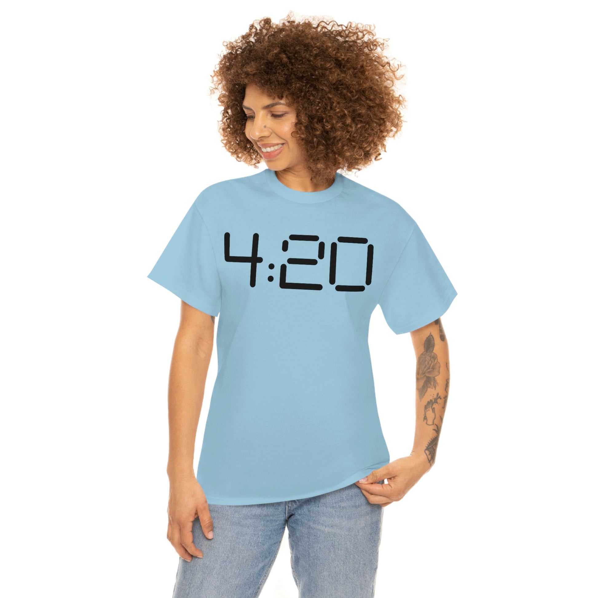 a woman wearing a 420 Stoner Weed T-Shirt with the word 420 on it.