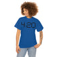 a woman wearing a blue 420 Stoner Weed T-Shirt