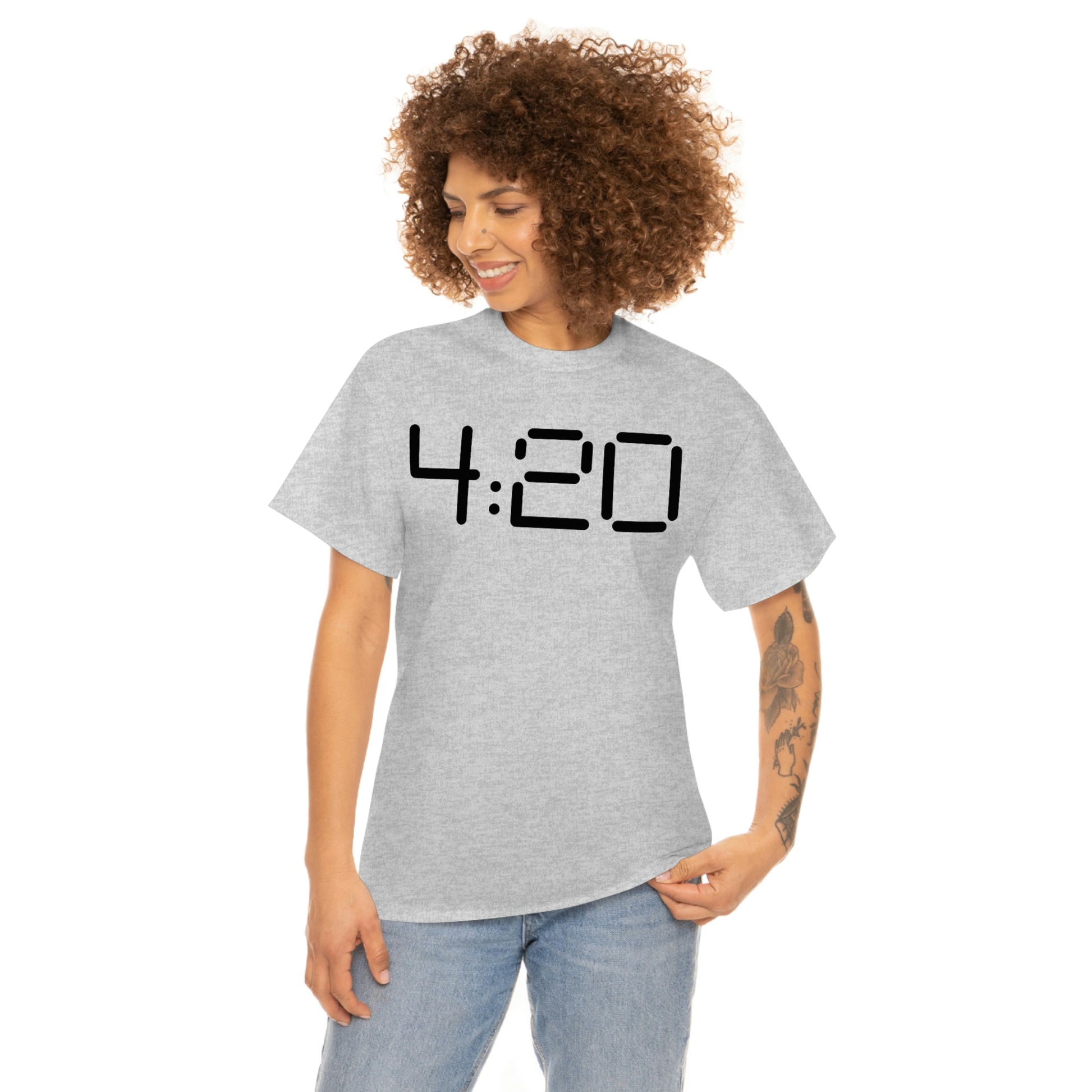a woman wearing a grey 420 Stoner Weed T-Shirt.