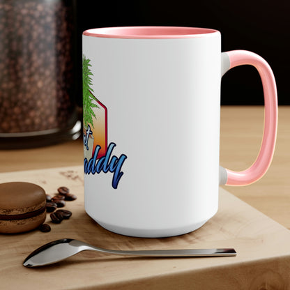 a Cannabis Plant Daddy Coffee Mug with a palm tree on it.