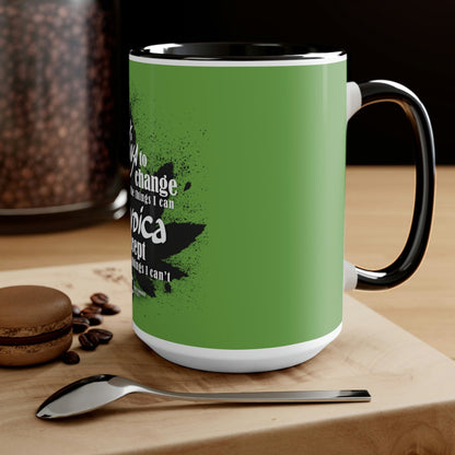 a Sativa to Change the Things I Can Cannabis coffee mug with a spoon and coffee beans.