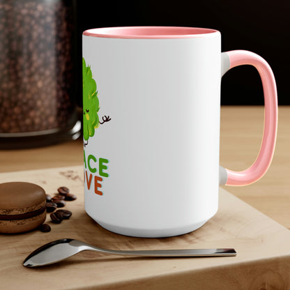 a Cannabis, Peace and Love Coffee Mug with the words peace love on it.