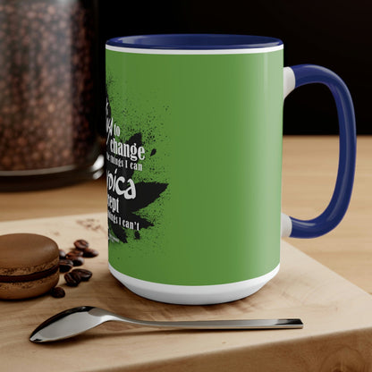 a Sativa to Change the Things I Can Cannabis Coffee Mug with a spoon on it.