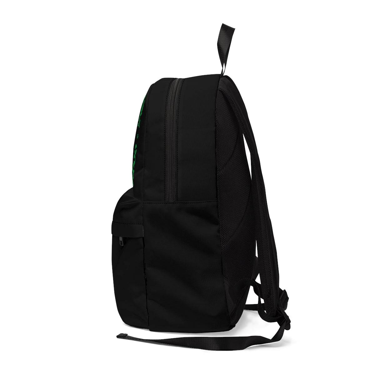 a Good Vibes Only Emblem Black Weed Backpack with a green logo on it.