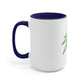 a white and blue Sour Diesel Cannabis Tea Mug with a green leaf on it.