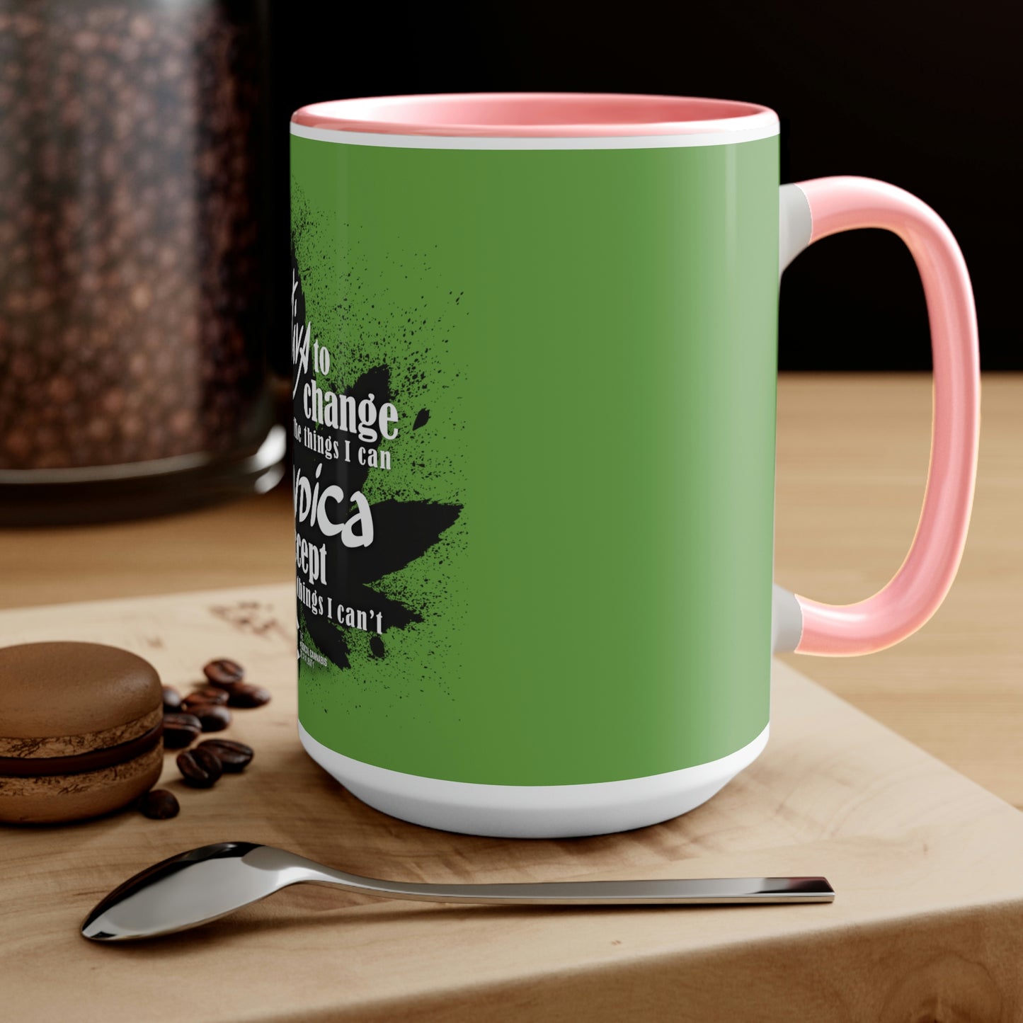 a Sativa to Change the Things I Can Cannabis Coffee Mug with a spoon and coffee beans.