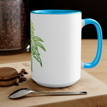 a Sour Diesel Cannabis Tea Mug with a green leaf on it.