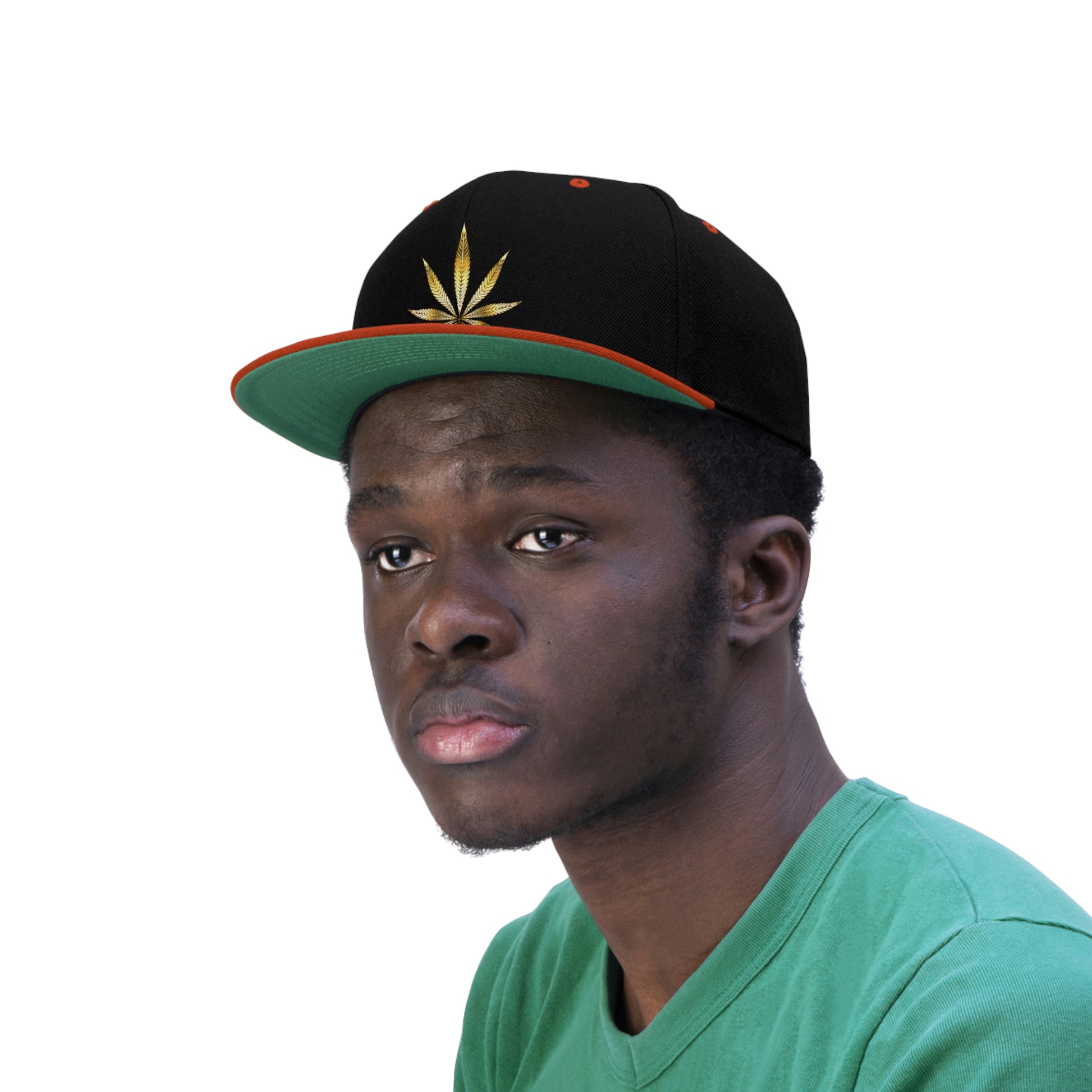 A young man wears the orange and black Gold Marijuana Leaf Snapback Hat with green underbill