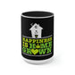 Black and white Happiness Is Homegrown Weed Coffee Mug with black inside and green lettering