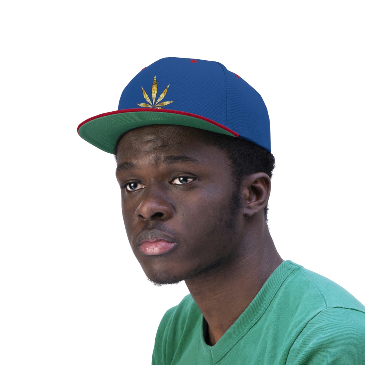 A young man wears the red and blue Gold Marijuana Leaf Snapback Hat with green underbill