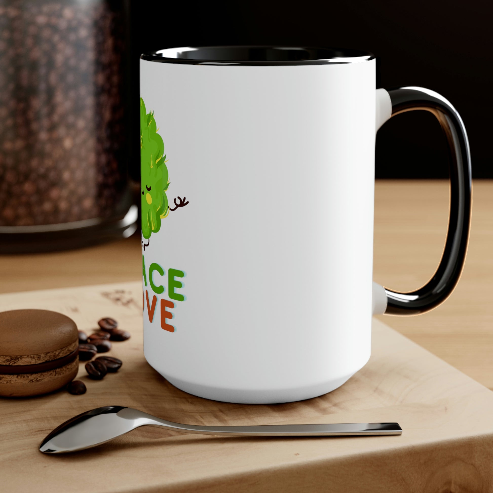 a Cannabis, Peace and Love Coffee Mug with the words peace love on it.