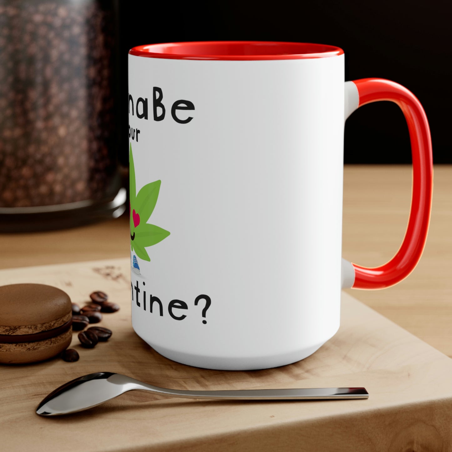 A CannaBe Your Valentine Cannabis Mug with a spoon next to it.