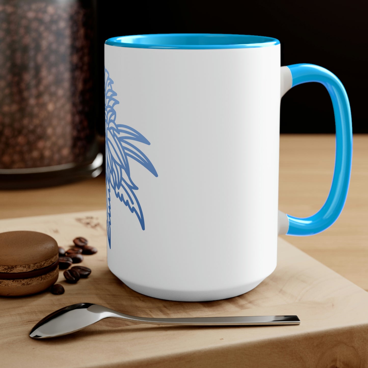 a Blue Dream Cannabis Coffee Mug with a palm tree on it.