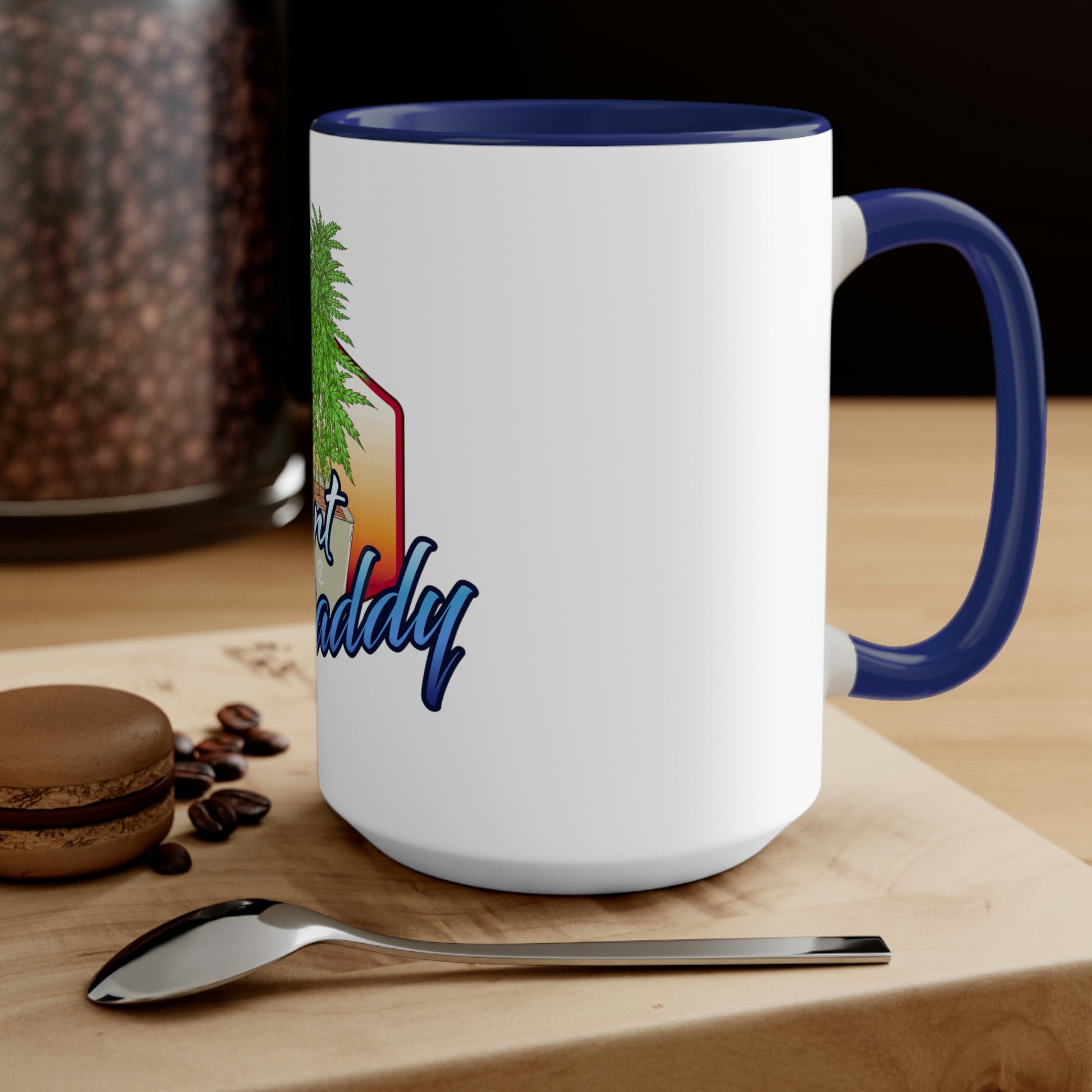 a Cannabis Plant Daddy Coffee Mug with the word 'happy' on it.