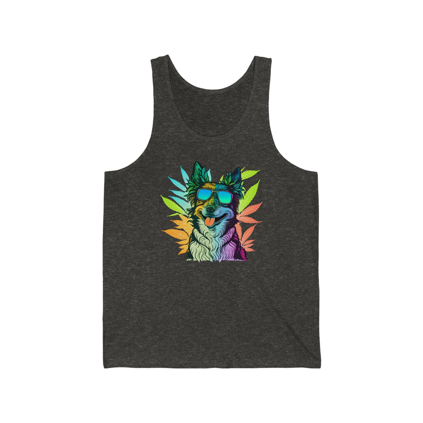 A Charcoal Black cannabis jersey weed tank top with a border collie wearing shades and surrounded by cannabis leaves