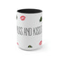 a Nugs and Kisses Coffee Mug with black text and lipsticks.